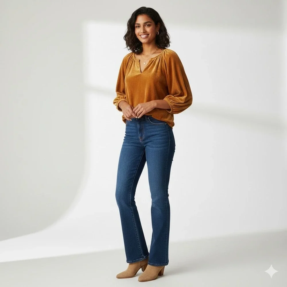 Old Navy Womens Cognac Brown Velvet Puff Sleeve Split Neck Blouse‎ Top Large